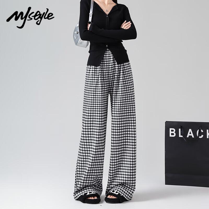 MJ STYLE Women's Retro Plaid Wide-Leg Casual Pants