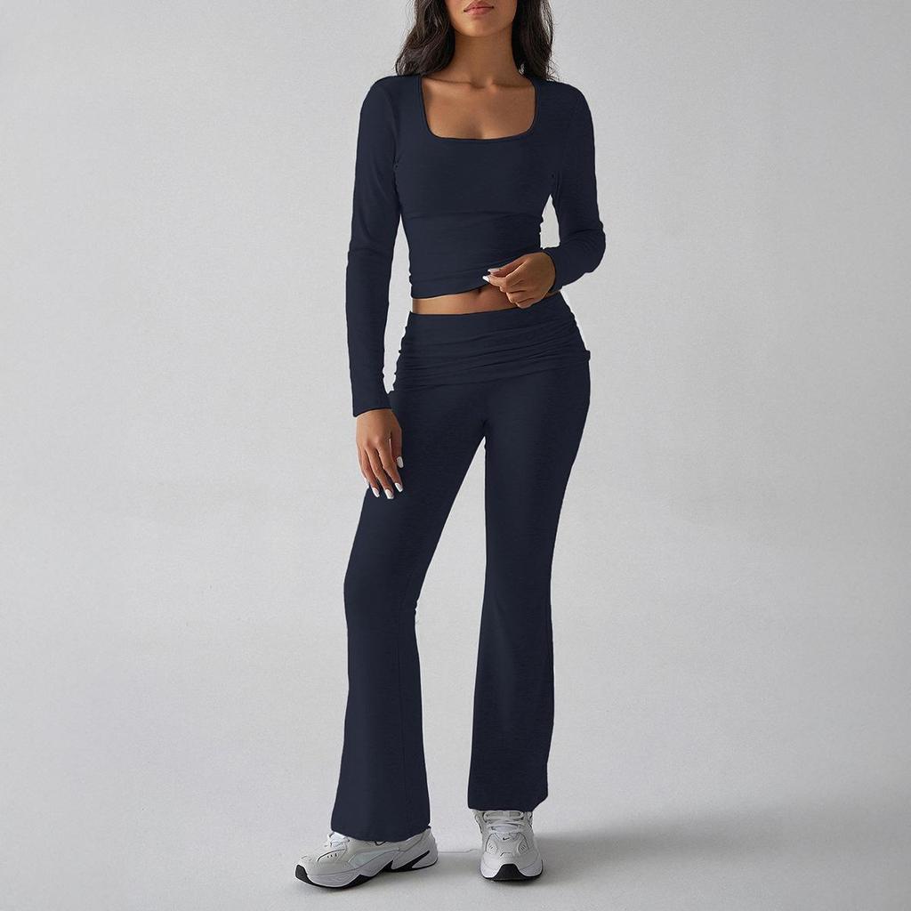 Autumn Women's Solid Colour Casual Knit Long Sleeve Top Yoga Wear Pants Suit