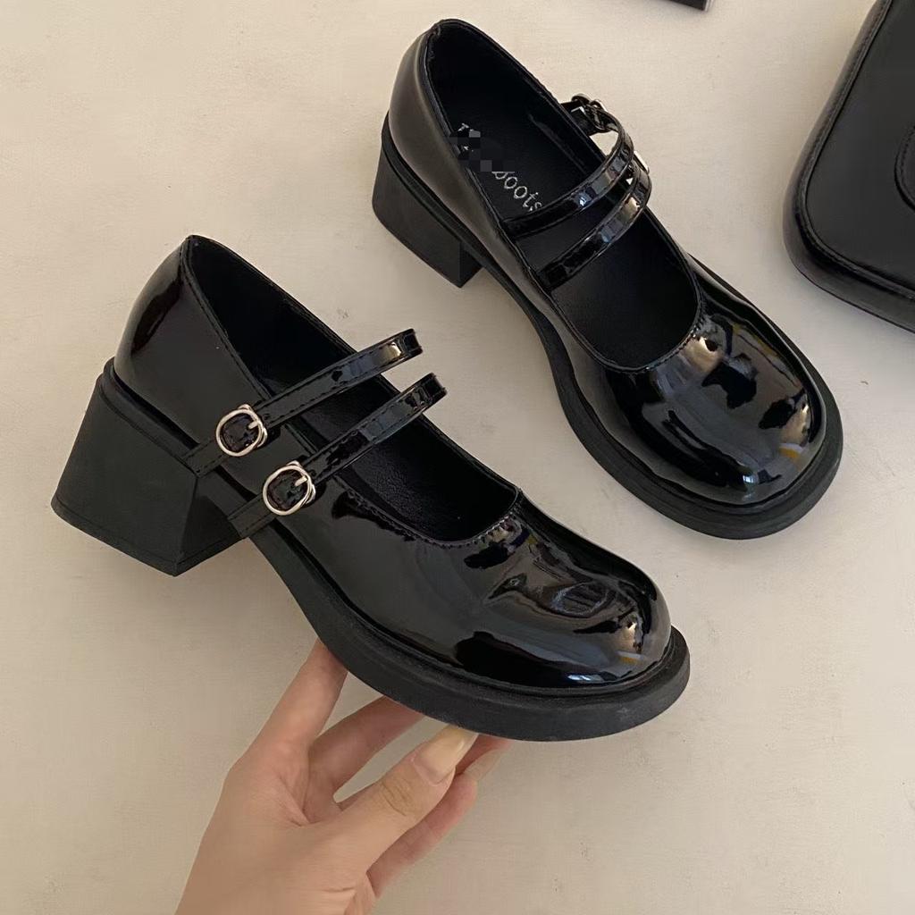 French Mary Jane Small Black Shoes Leather Shoes New One-word Shallow Mouth Round Head Casual Jk Platform Single Shoes