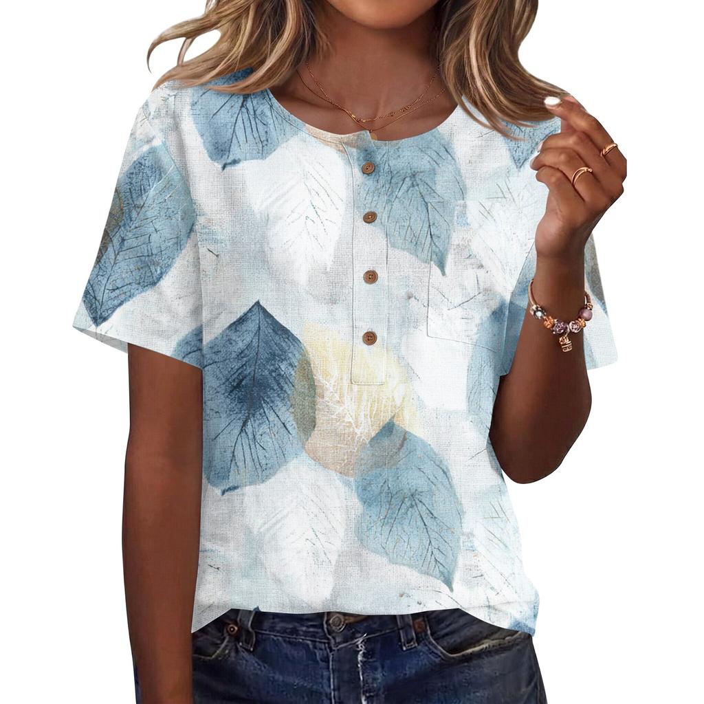 Women's Short Sleeve Shirt Printed Cotton Linen Blouse Casual Button Top