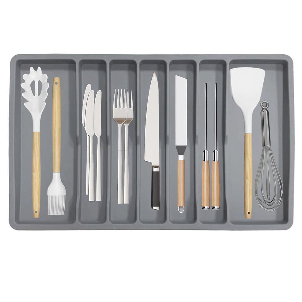 Flexible Silicone Cutlery Tray with Seven Compartments Non Slip Silverware Drawer Organizer Kitchen Utensil Holder