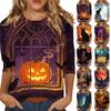 Women's Casual Halloween Graphic Top Three Quarter Sleeve Round Neck Shirt Lightweight Soft Fabric Comfortable Fit