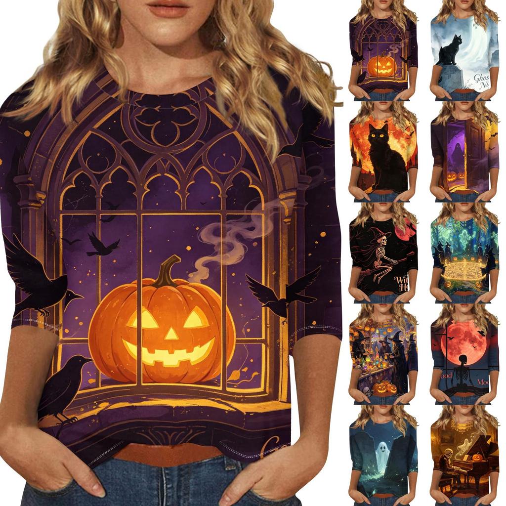 Women's Casual Halloween Graphic Top Three Quarter Sleeve Round Neck Shirt Lightweight Soft Fabric Comfortable Fit