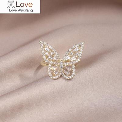 Korea  Fashion Jewelry 14K Real Gold Plating Luxury Butterfly Zircon Ring Elegant Women's Prom Party Opening Adjustable Ring