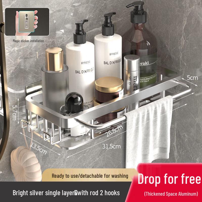 Zunwei No-Drill Wall-Mounted Bathroom Storage Shelf with Hooks