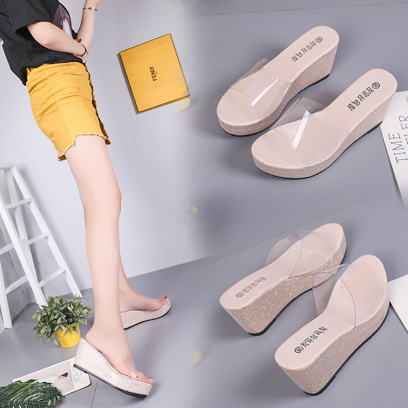 Fashion Low House Slippers Platform Shoes Luxury Slides Transparent Heel On A Wedge Designer Flat Sexy Fabric PU Rubber Bling Shoes Slip