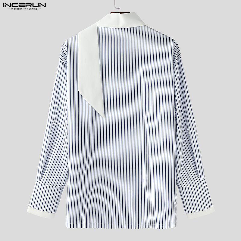 INCERUN Oversized Men Long Sleeve Patchwork Buttons Up Casual Striped Shirts Tops