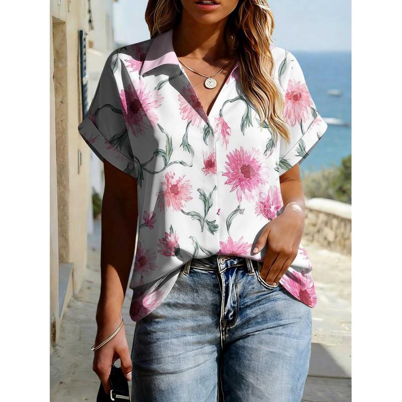 Floral Print Womens Loose Fit Short Sleeve V-Neck Top - Sleeveless Button-Free Casual Shirt Street Style