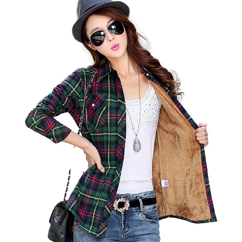 Women's 2025 Autumn/Winter Fleece-Lined Plaid Shirt: Thick, Slimming, Long-Sleeve Cotton Shirt
