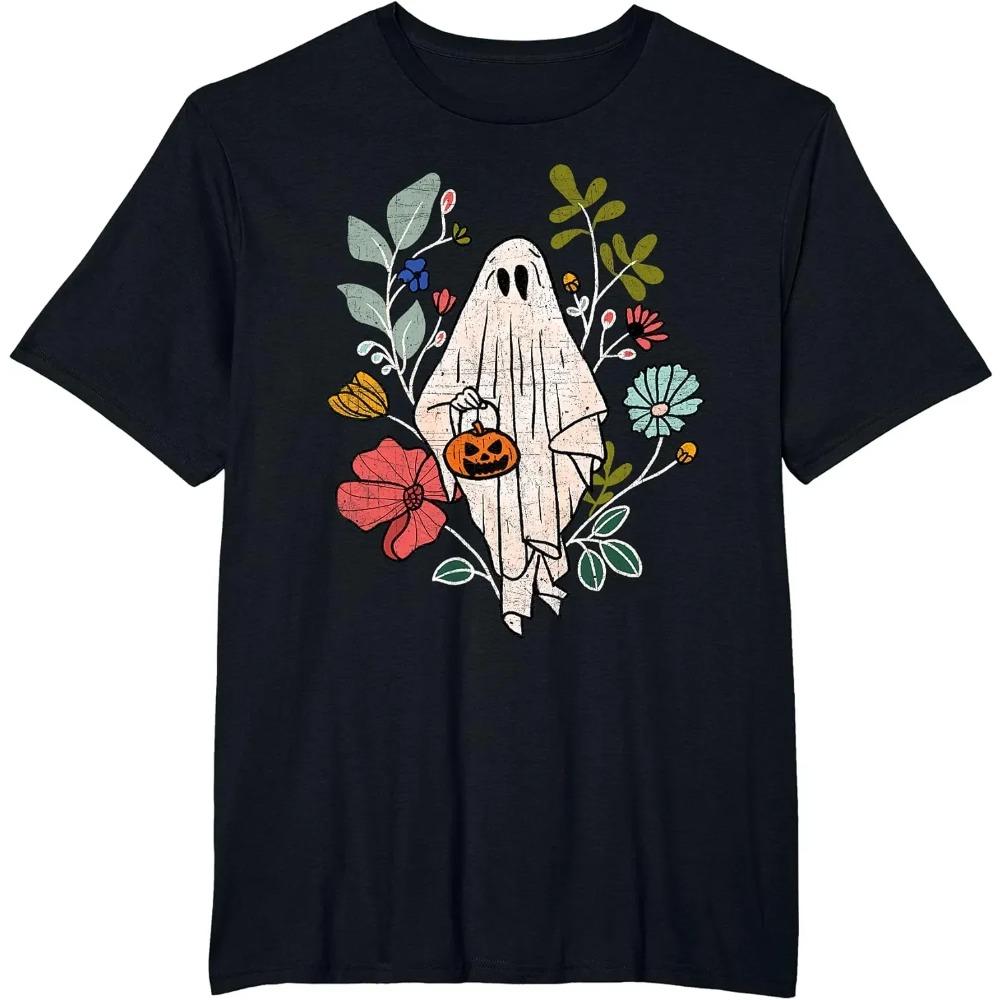 Vintage Floral Ghost Cute Halloween Funny Graphic Sarcastic T-Shirt Funny Tops for Male Husband Dad Clothes Humor Tshirt