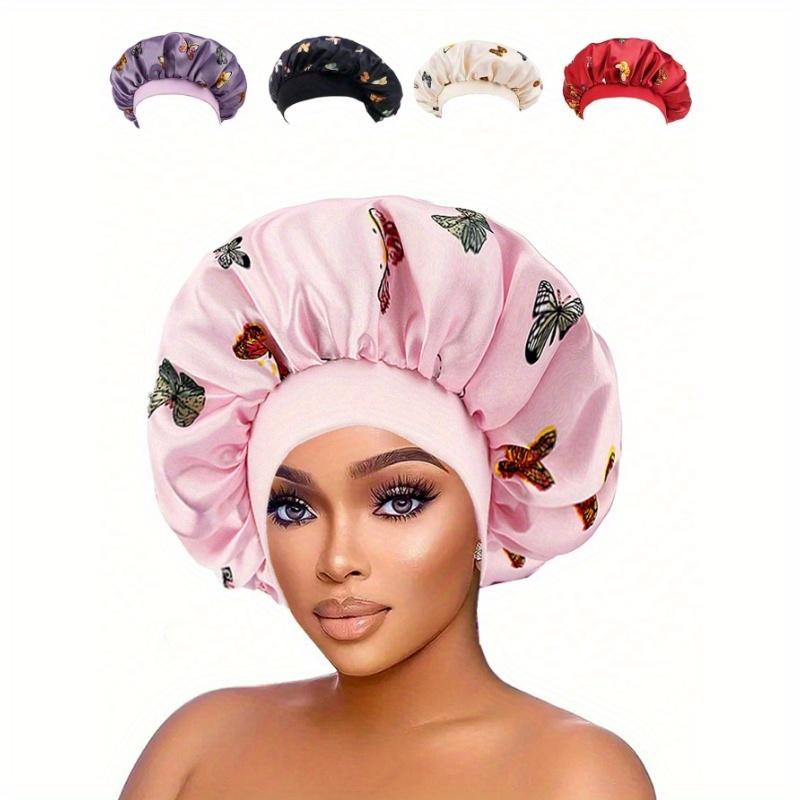 1pc Elastic Wide Brim Satin Sleeping Cap With Butterfly Print, For Beauty Hair Care, Bonnet, Shower Cap, Hair Products For Barber Salon
