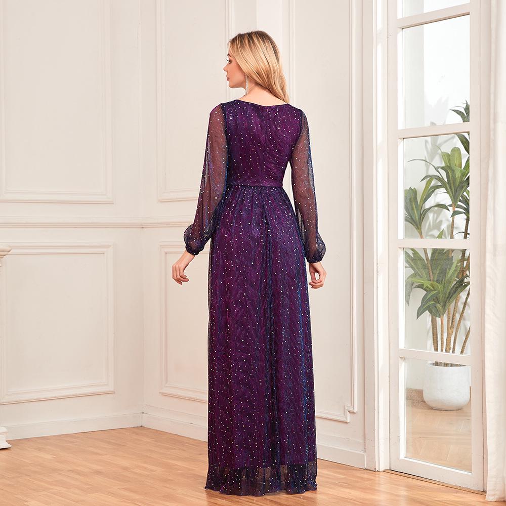 European Style Shiny Pleated Long Sleeve V-Neck A-Line Evening Gown