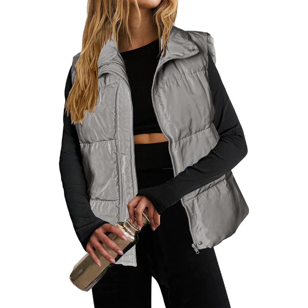 Women's Fashion Casual Solid Color Print Autumn Winter Sleeveless POLO Neck Jackets & Coats