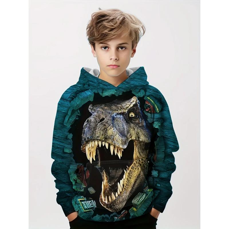 Autumn Winter 3D Cartoon Dinosaurs Printed Hoodies Fashionable Casual Warm Sports Long Sleeved Children's Boy Hooded Sweatshirts
