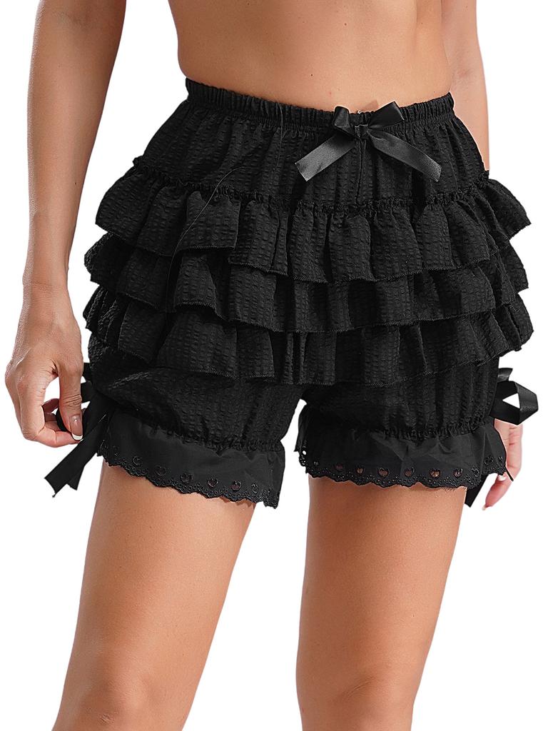 Womens Ruffled Bloomers Tiered Maid Cosplay Shorts Bowknot Culottes Halloween Panties