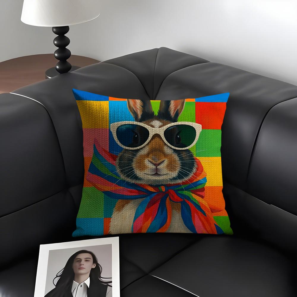 Cute Rabbit Art Cushion Cover Summer Breathable Linen Organic Fabric Double-Sided Printing Sofa Pillow Case Home Decor