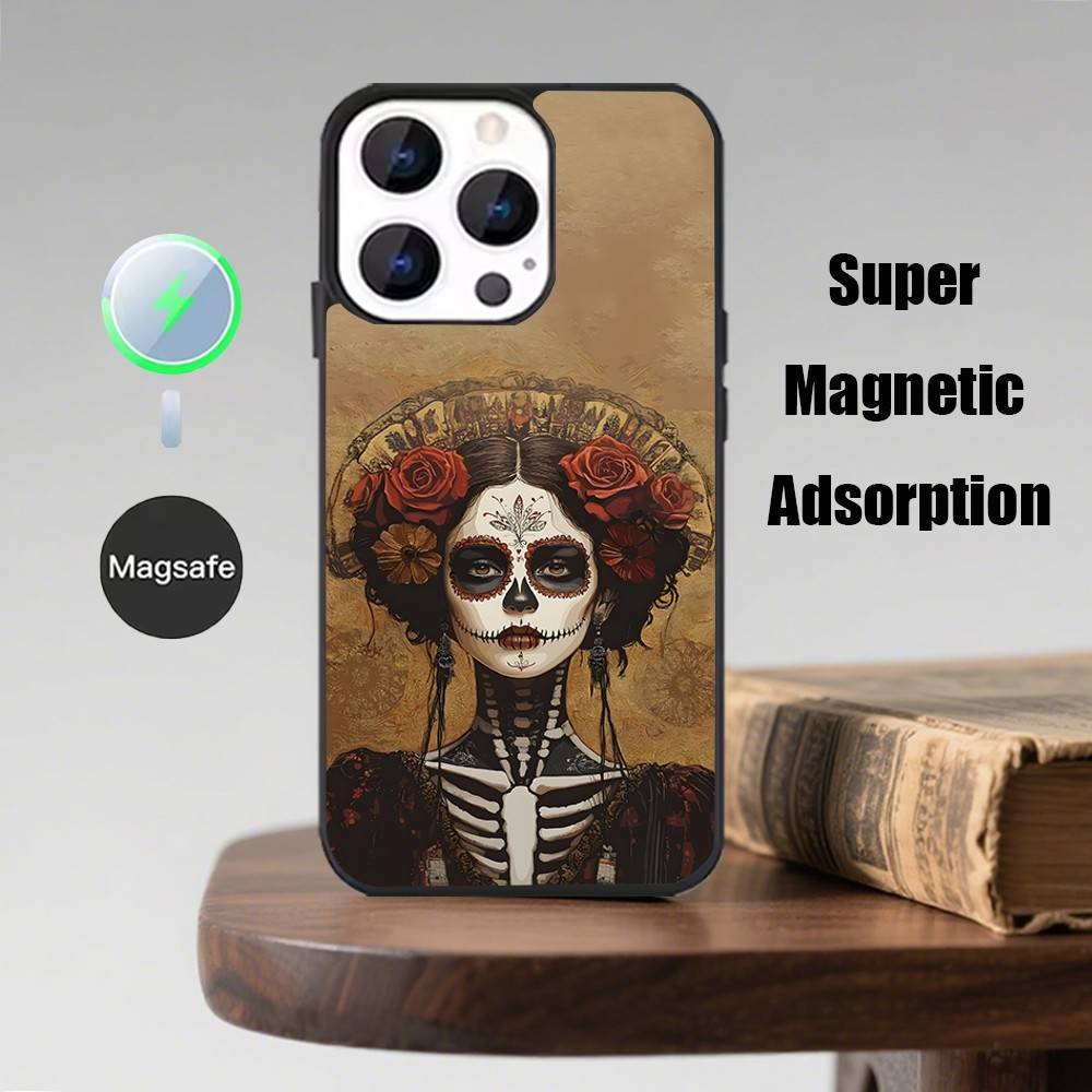 Day of the Dead Mexican Catrina Skull Phone Case  For iPhone 17,16,15,14,13,Pro,Max,Plus,Magsafe,Magnetic Wireless Charging Case