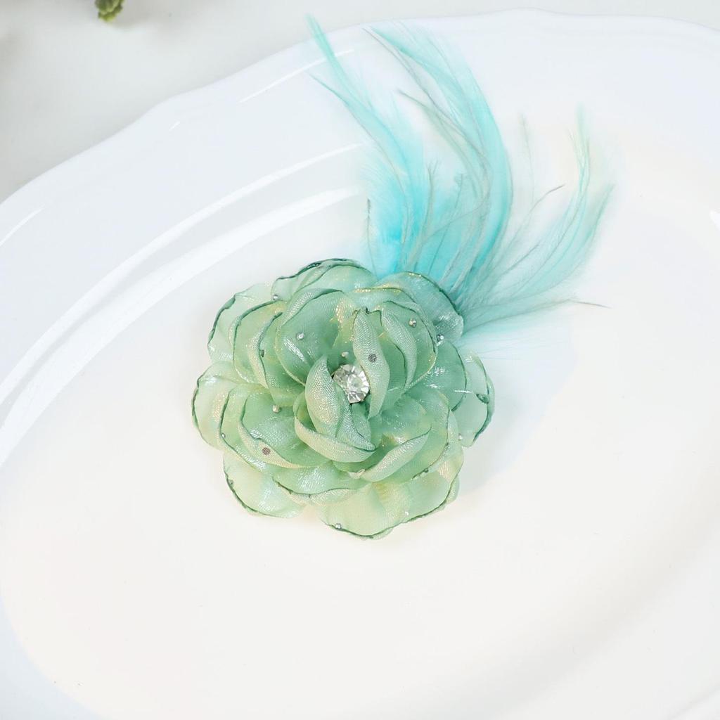 Vintage French Organza Flower Brooch with Ostrich Feathers and Rhinestones - High-Grade Garment and Shoe Ornament.