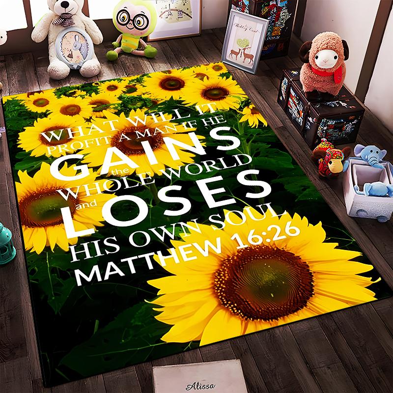 Sunflower Field with Inspirational Quote Rug - Non-slip Rug Suitable for Living Room and Bedroom Sofas.