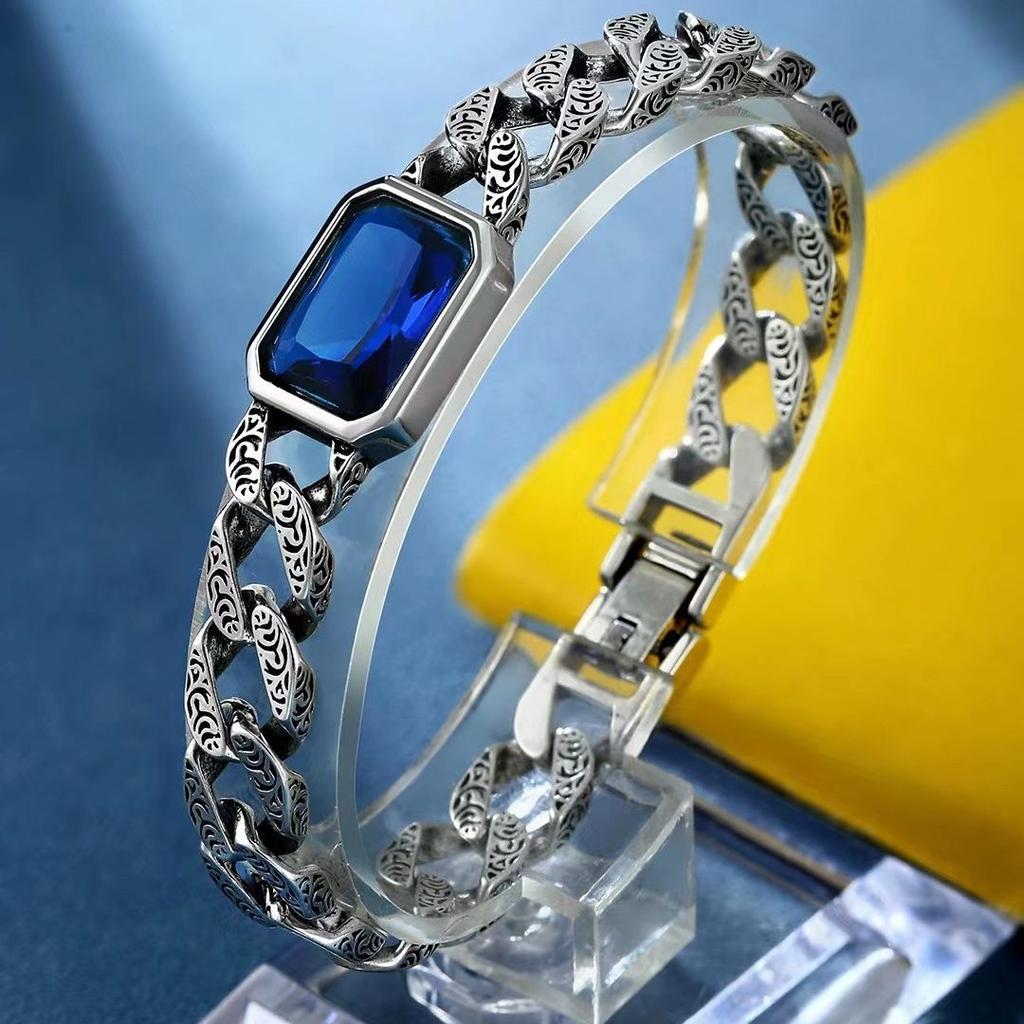 Blue Stone Tang Grass Pattern Couple's Bracelet, Male and Female Cuban Bracelet, a Pair of Korean Style Fashion