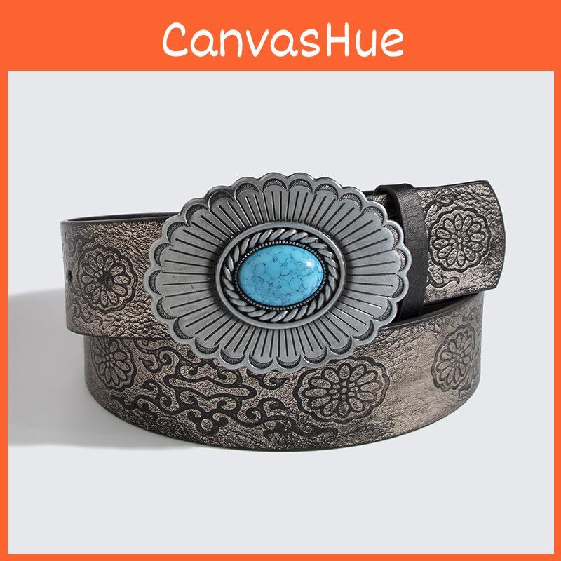 Punk Style Embossed Leather Belt With Large Gemstone Flower For Streetwear