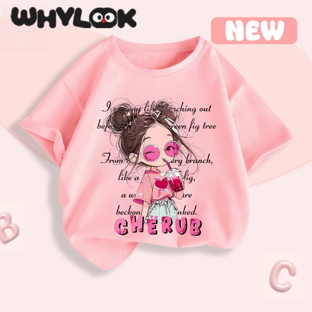 WHYLOOK Детская футболка для девочек Budak, с коротким рукавом, с круглым вырезом, детская, милая, мягкая и легкая 150
