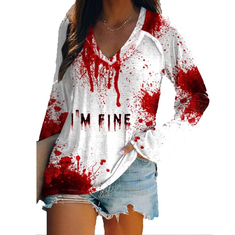 Halloween Fashion Bloody letter 3D Print Graphic Long Sleeve T-Shirt Casual V-Neck Top Polyester Breathable Women's Apparel Tops