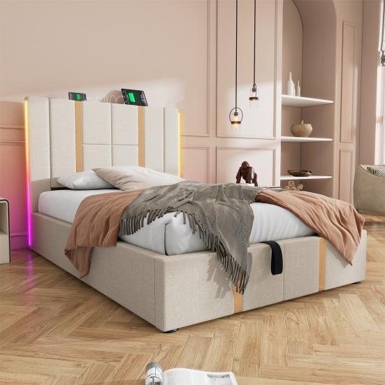 Linen Cover Charging Function Bed with Storage Space Mattress Headboard App Control Strong Wood Slat Support Bed Bedroom Furniture