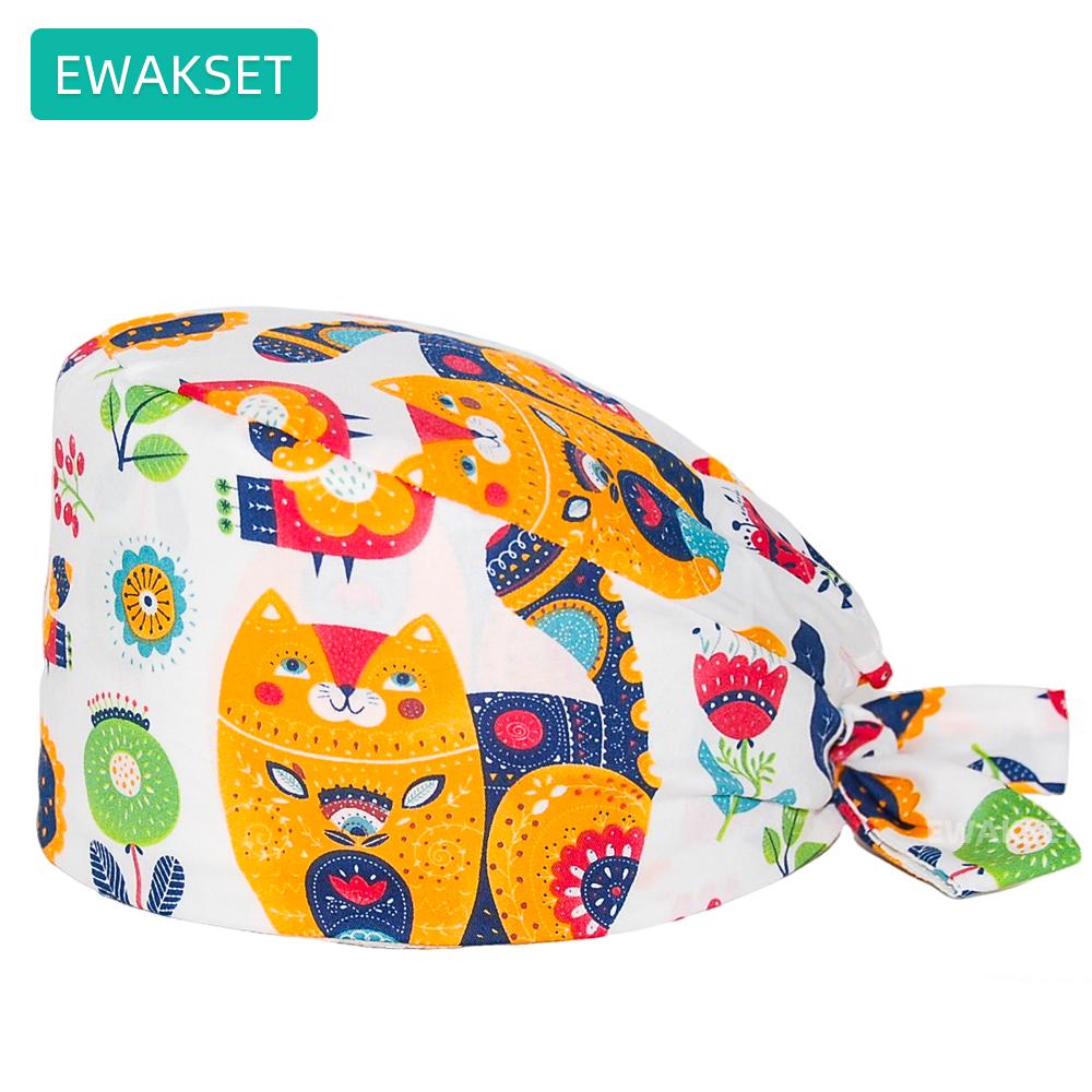 Women Men Cute Cat Printed Scrub Cap Breathable Cotton Medical Surgical Cap Adjustable Doctor Nurse Working Hat