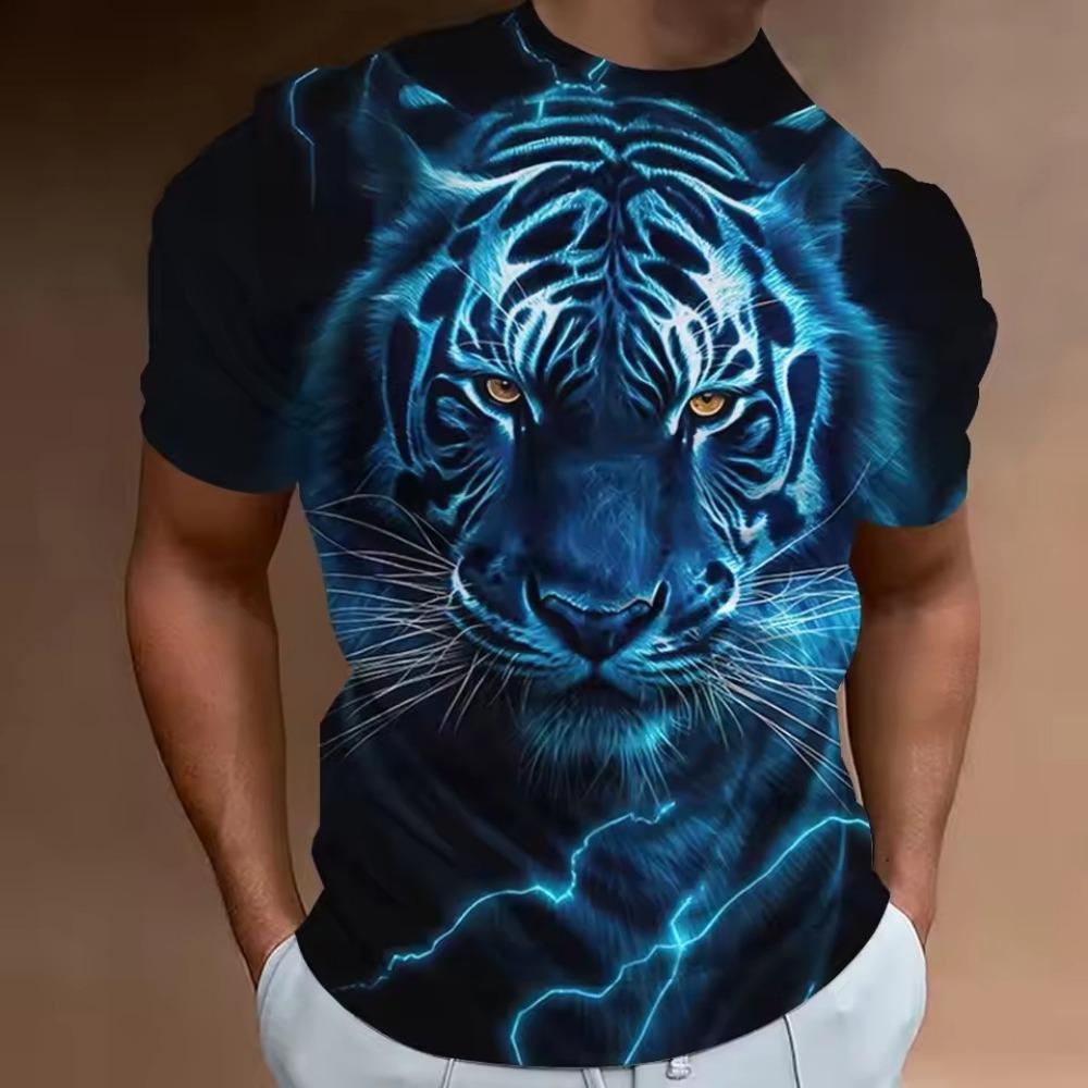 Streetwear Men's Casual T-shirt 3D Digital Printed Tiger Pattern Round Neck Short Sleeved Loose Summer Top Men's T-shirt