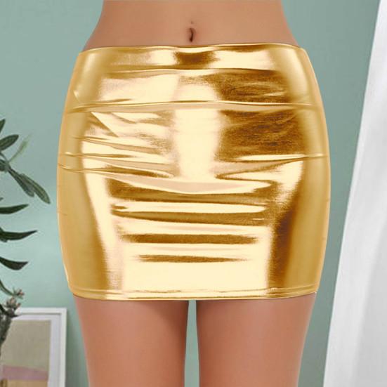 Club Show Sheath Skirt Slim Fit Glossy Smooth Surface Solid Color Mid Waist Clubwear Faux Leather Stage Performance Nightclub Mini