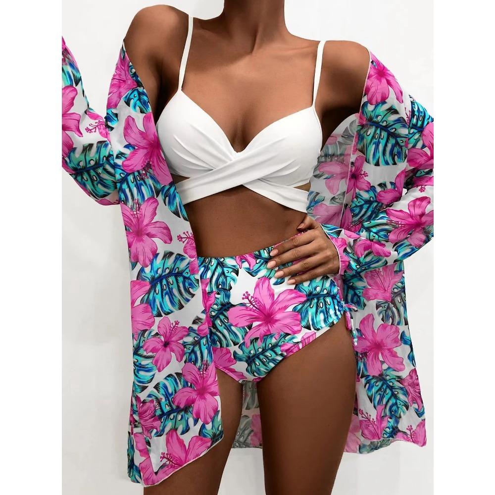 European and American Bikini Sexy Push Up Mesh Three-Piece Printed Split Swimsuit