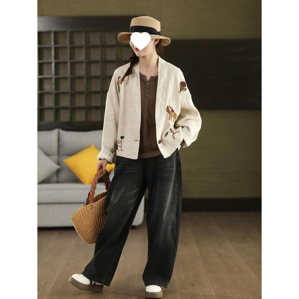 Women's 2025 Retro Embroidered Jacket - Loose, Slimming Casual Top for Spring/Autumn