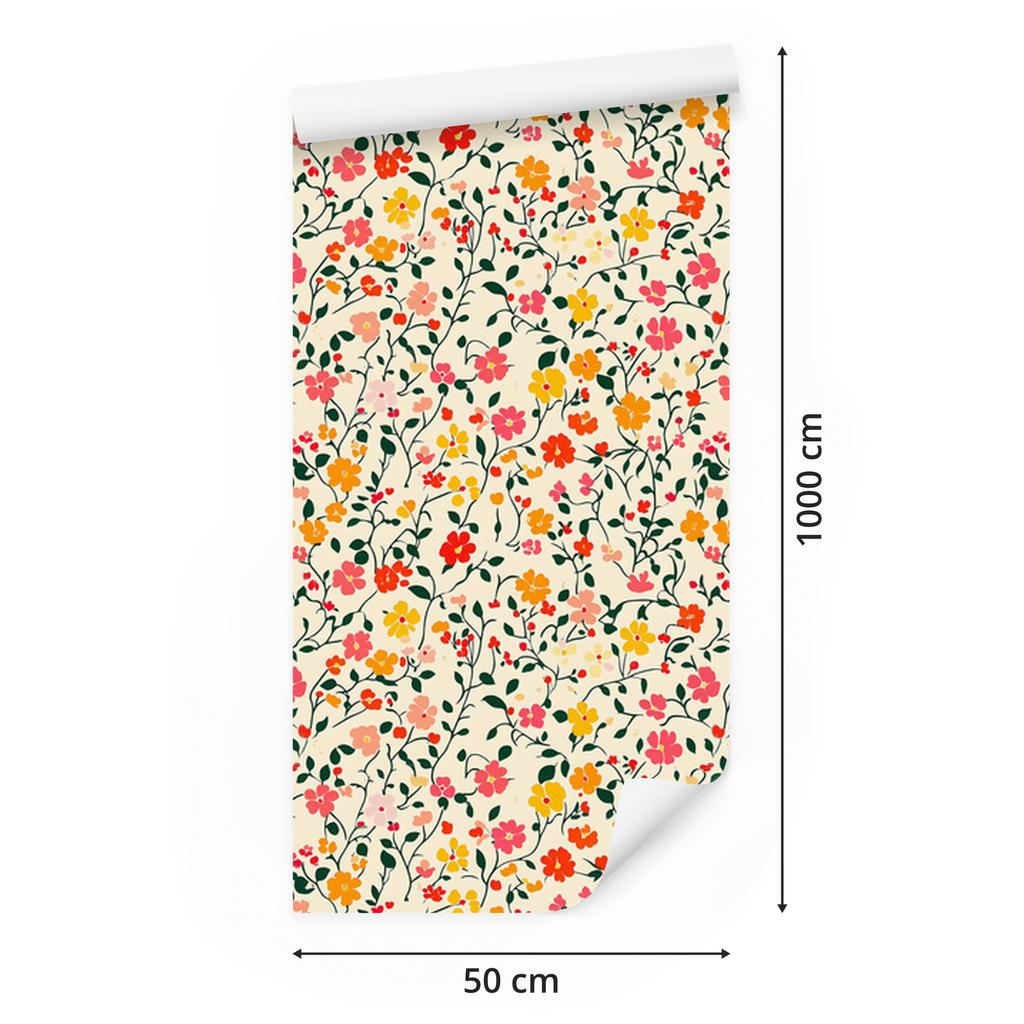 Wallpaper Small Flowers Cream, Beige, Lime and Coral 50x1000
