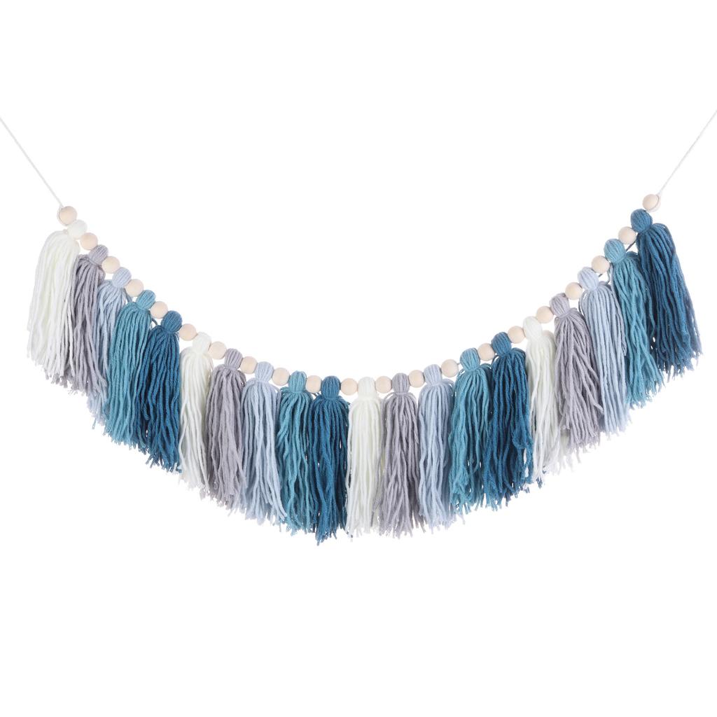Bohemian Yarn Tassel Garland with Wood Beads 3.9Ft Wall Hanging Tassels Banner Western Room Decor for Bedroom Office Nursery