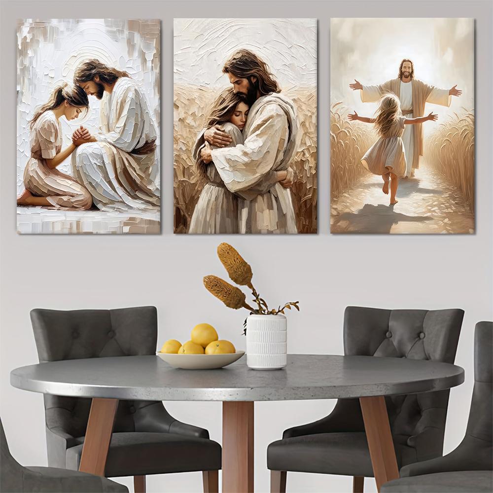 Moderne Minimalistische Religieuze Figuur Decoratieve Schilderijen van Jezus en Biddend Meisje Olieverf Stijl Schilderij op Canvas Woonkamer