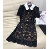 Summer Women Lace Hollow Out Peter Pan Collar Single-breasted Party Dresses Short Sleeve Female Robes with Belts