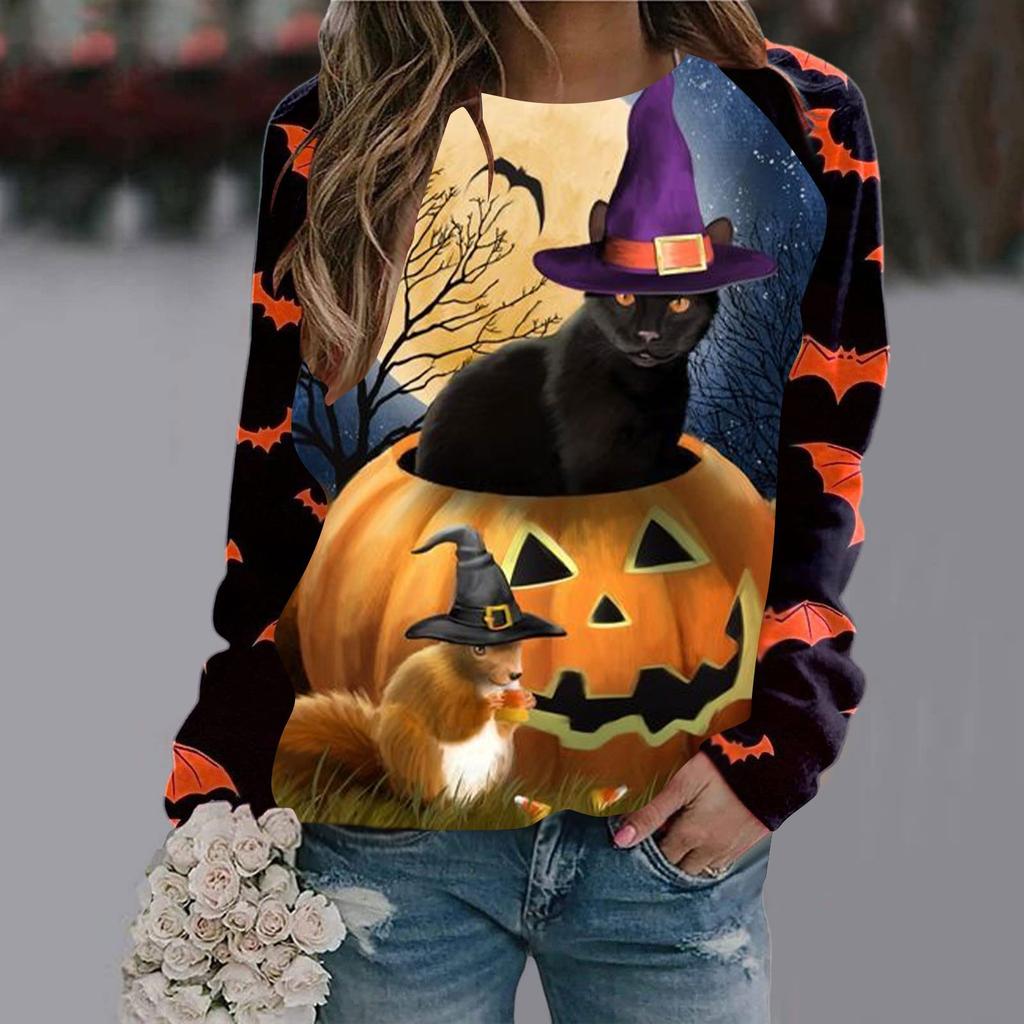 Dames avslappet mote Halloween-trykk langermet genser T-skjorte topp