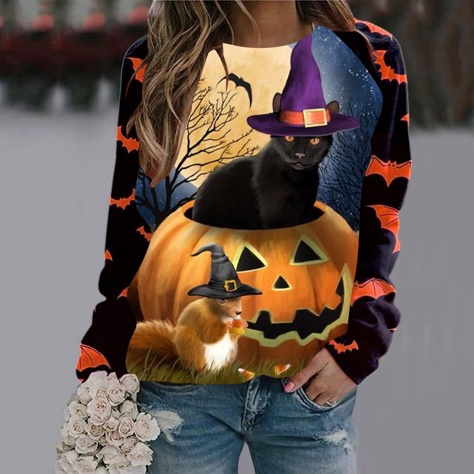 

Женская повседневная модная футболка с длинным рукавом и принтом на Хэллоуин XL жёлтый