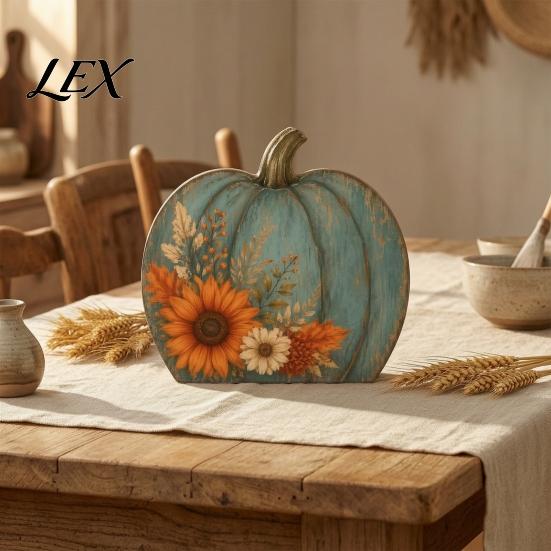 Thanksgiving Table Centerpiece Fall Pumpkin Decoration, Rustic Block Wooden Sign, Autumn Vintage Tiered Tray Decor Farmhouse Tabletop for Shelf Mantel