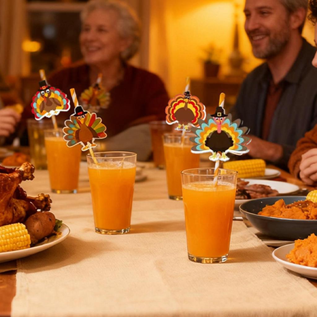 Papiertrinkhalme in Truthahnform für Thanksgiving, 10er-Pack, und orange gestreifte Trinkhalme, geeignet für Herbstpartydekorationen und Thanksgiving-Partys.
