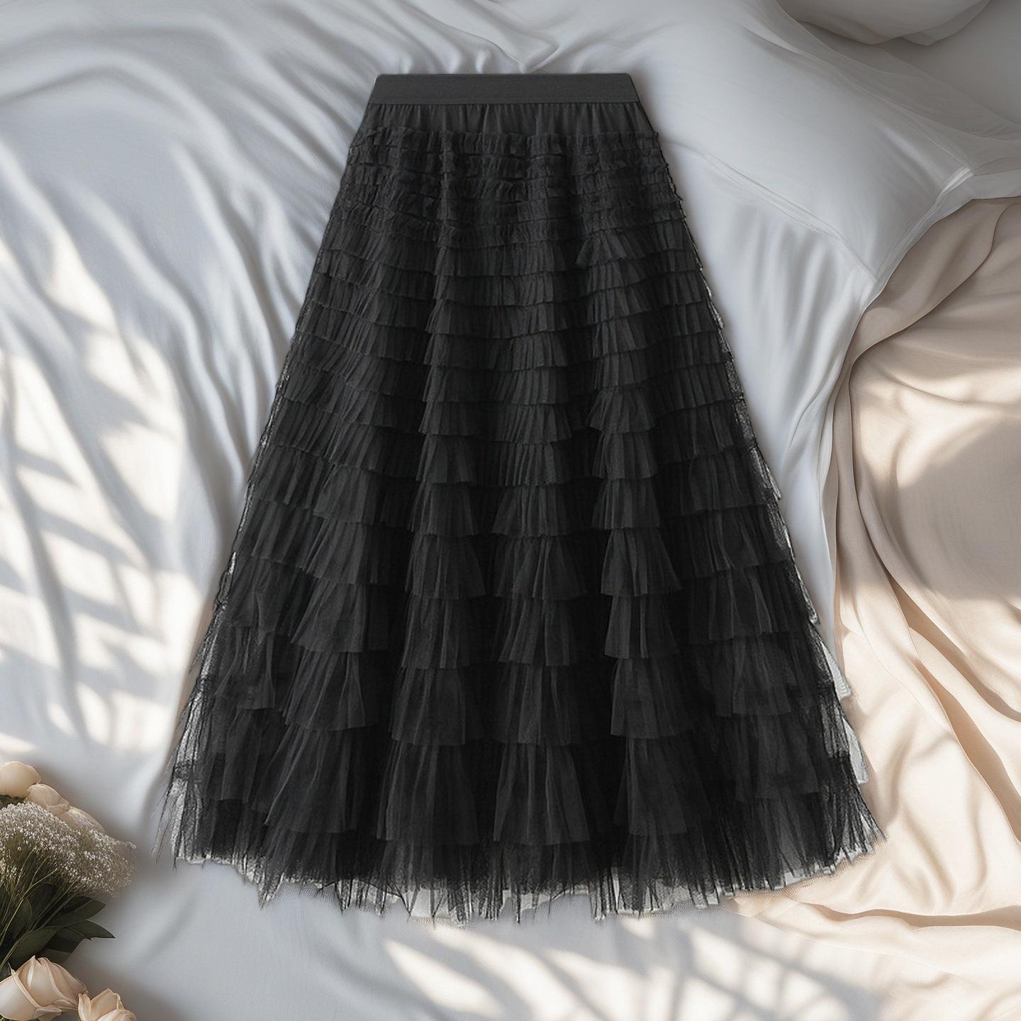 Autumn French Elegance: Women s High Waist Mesh Cake Skirt One Size чёрный