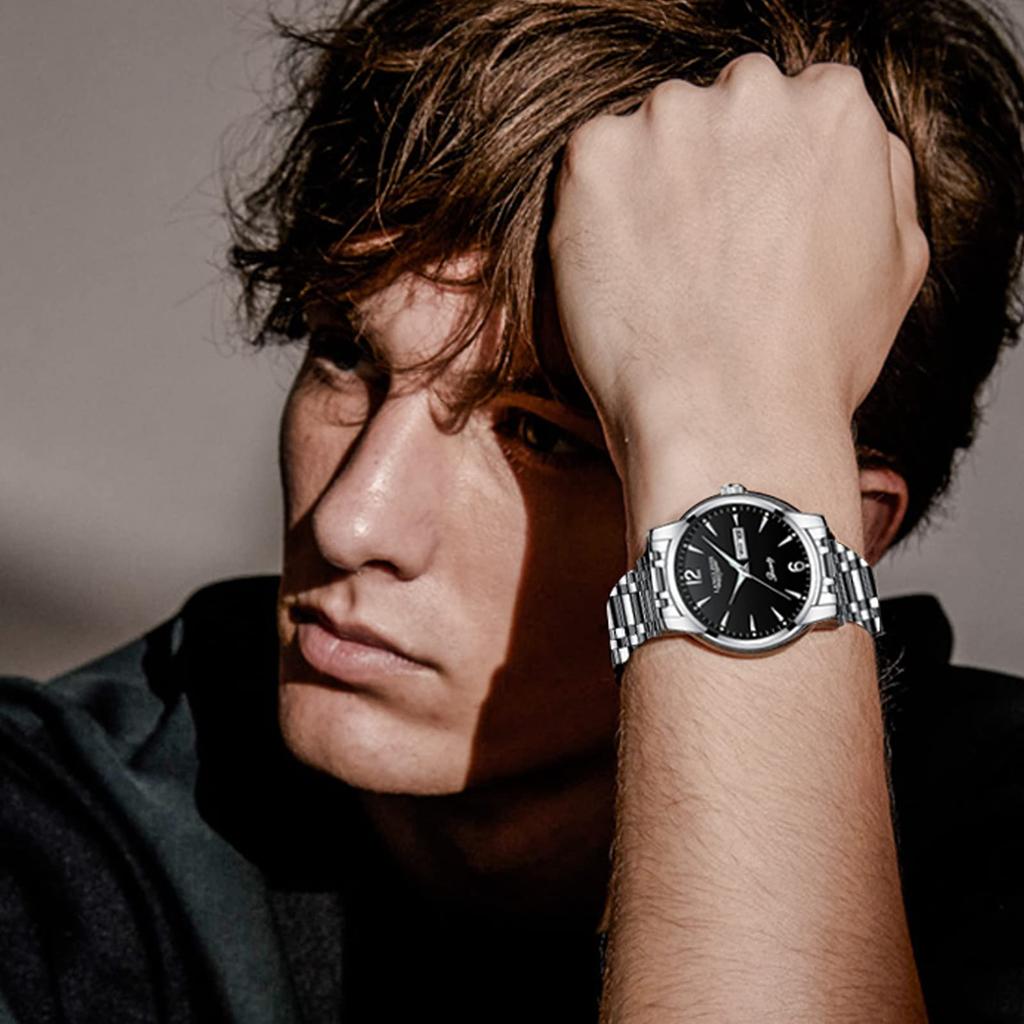 AKNIGHT Men's Analog Watch with Anti-Reverse Bezel, Easy-to-Read Luminous Dial, Stainless Steel Band, 30m Water Resistance, Japanese Manual