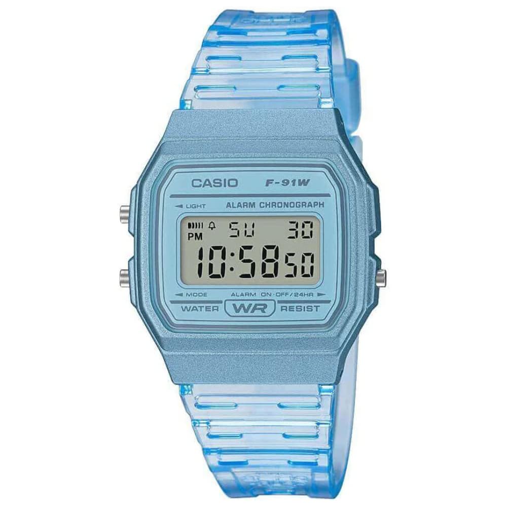 Унисекс прозрачные синие силиконовые часы Casio F-91WS-2EF
