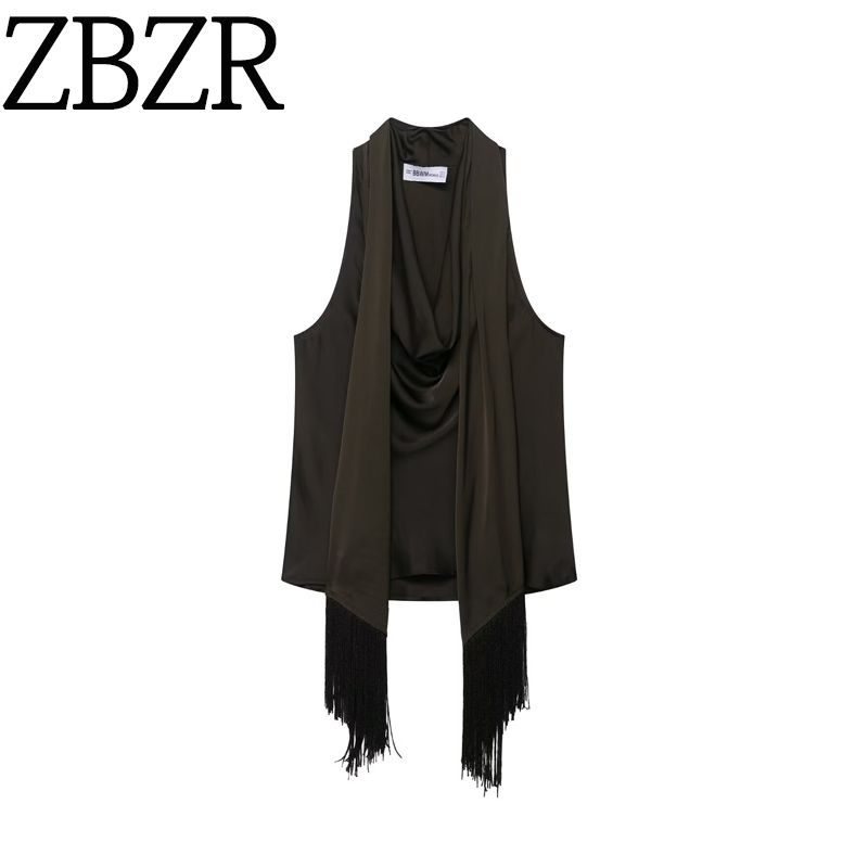 Zbzr Spring New Women Clothes Western Style Fashion Hanging Neck Sling Decorated Tassel Silk Satin Texture Top 1165269