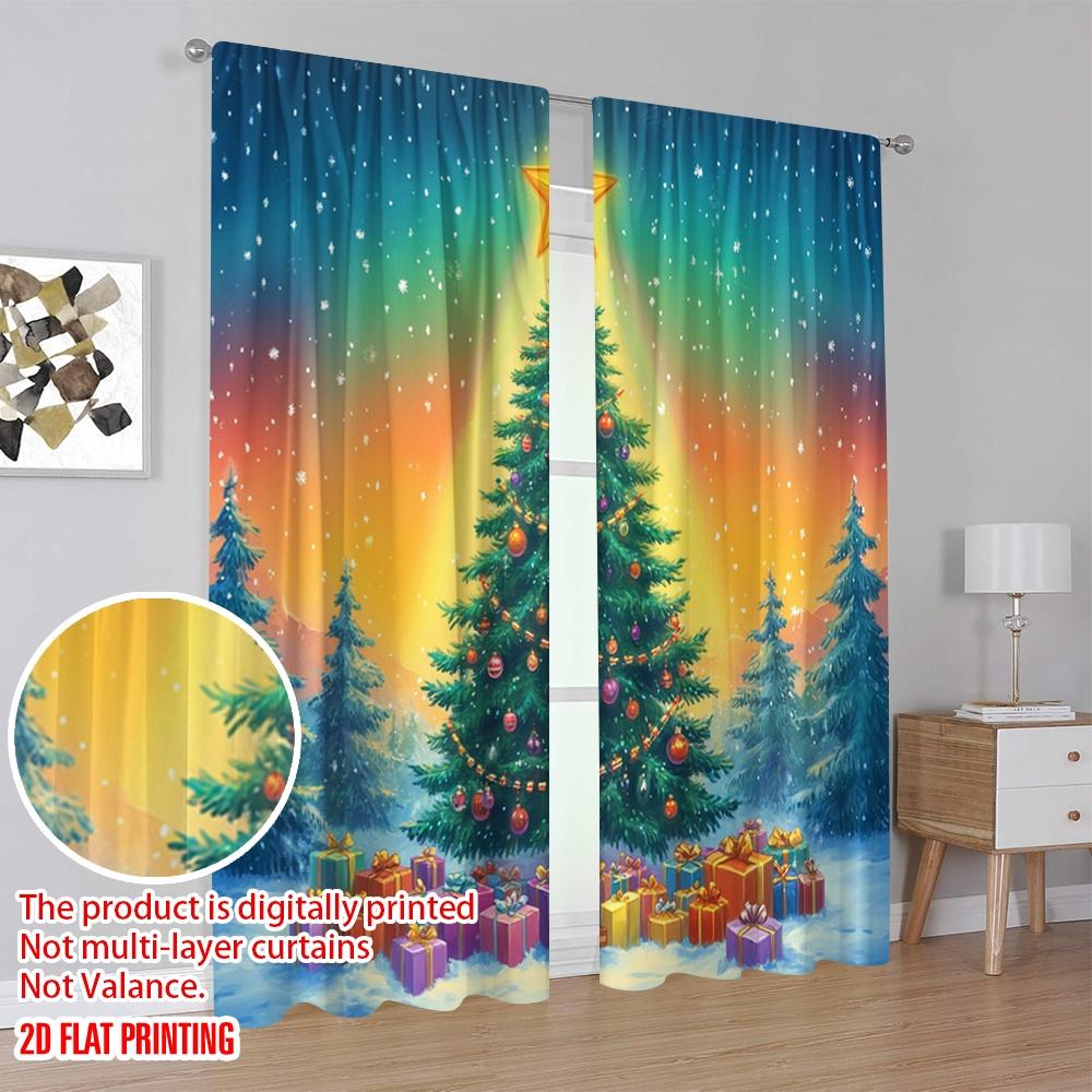 2pcs,2D Plane Printing Contemporary Curtains Christmas Tree Gifts Snowfall 100% Polyester (without Rod) Festive Ldeal for