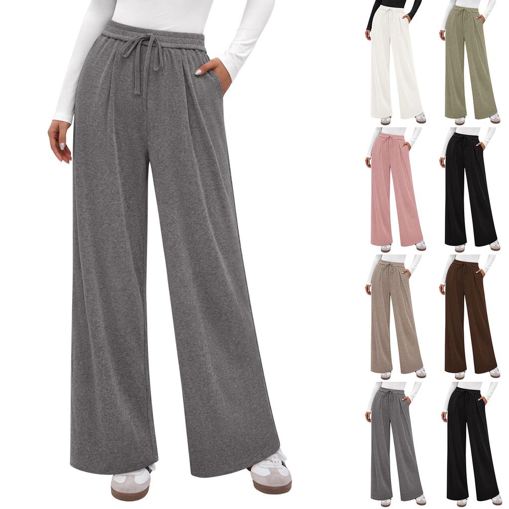 Fashion Women's Elastic High Waist Knitted Casual Wide Leg Pants With Pockets