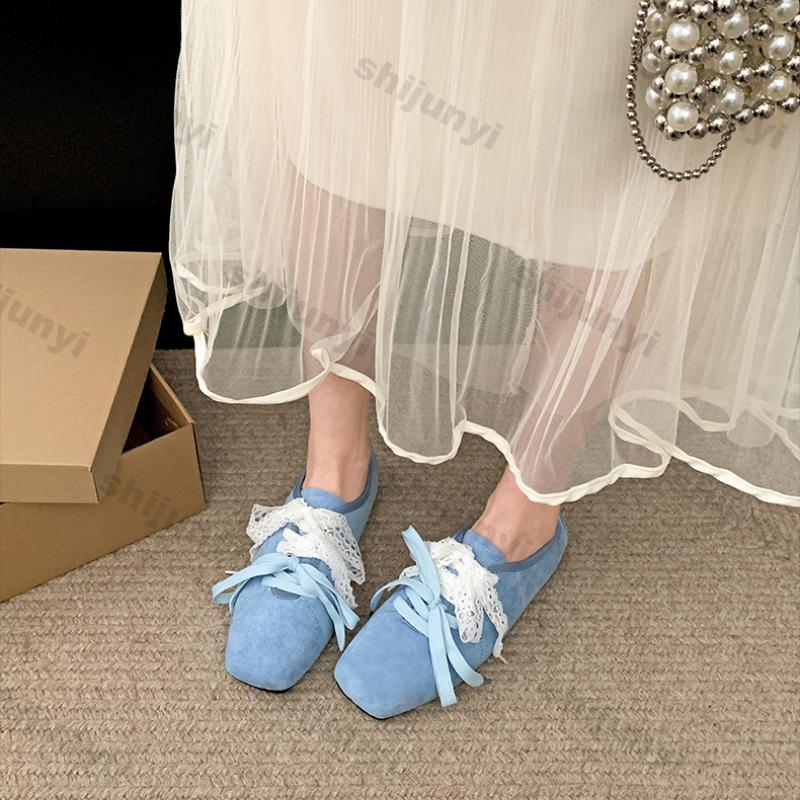 Fashion Women Shoes Fashion Vintage Lightweight Ballet Flat Shoes 2025 Spring New Square Toe Lace Soft Sole Comfortable Mary Jane Shoes