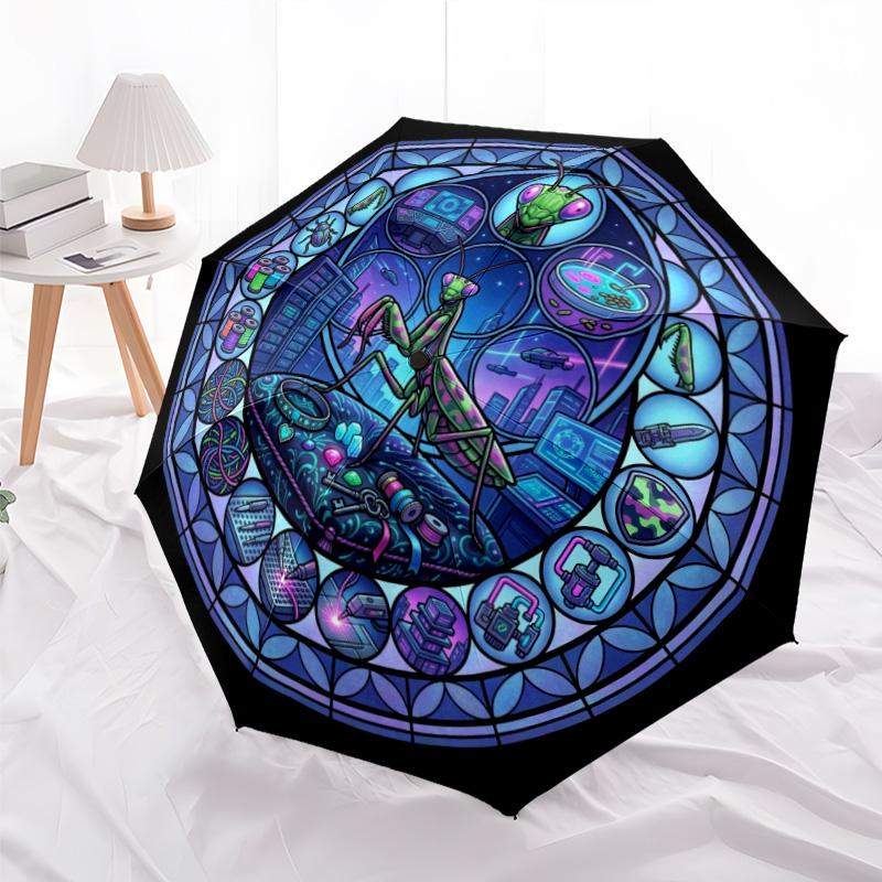 Cybernetic Mantis Workshop pattern umbrella, portable and foldable design, 8 ribs, a casual accessory for Halloween, Christmas, and birthday gifts.