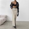 Women's Temperament Fashion PU Leather Solid Color Splicing Design Sense High Waist Slit Slim Long Skirt